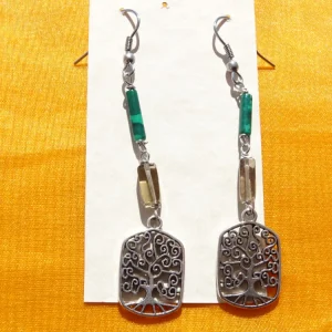 orecchini con Malachite, Quarzo fumè e albero della vita